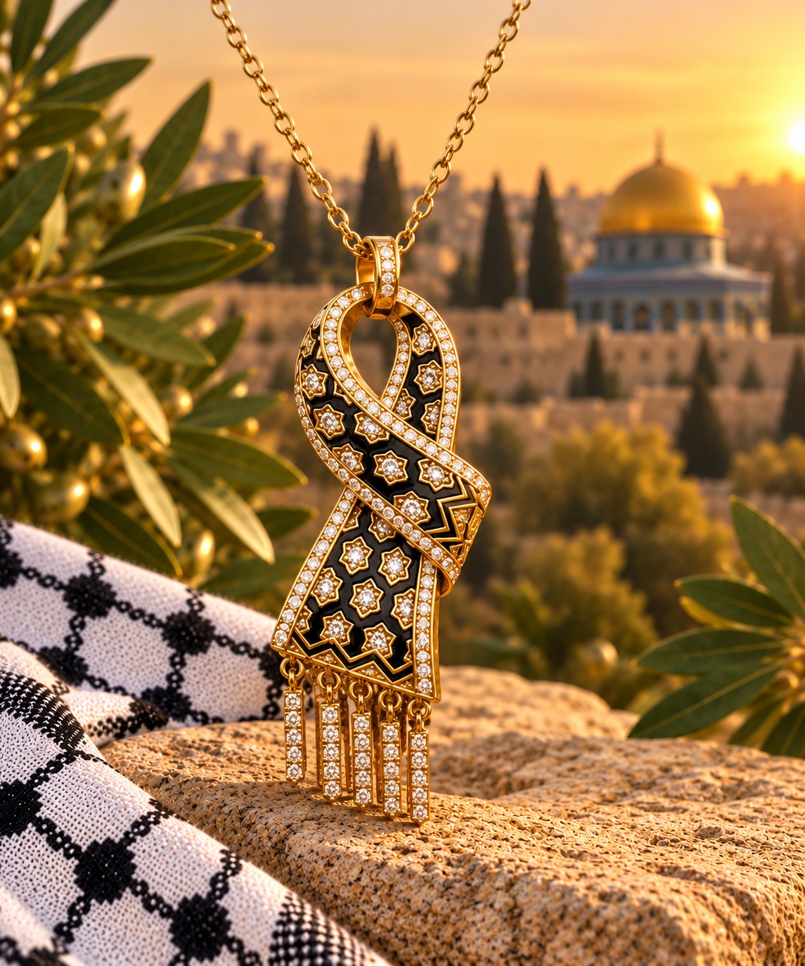 تعليقة الكوفية الفلسطينية الذهبية – رمز الأصالة والانتماء ✨ - 2