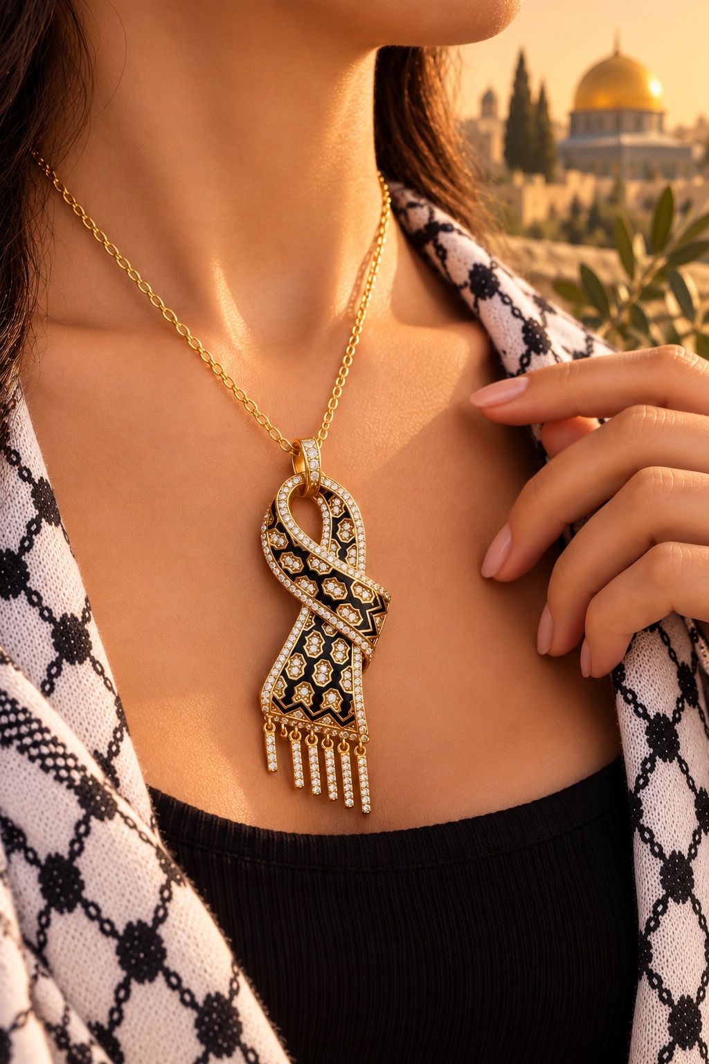 تعليقة الكوفية الفلسطينية الذهبية – رمز الأصالة والانتماء ✨